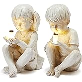 Large Garden Children Statues Light Up Firefly Jar Solar Powered | Set of 2 Figurines | Girl & Boy Garden Yard Art Décor, Indoor & Outdoor Ornament Gifts for Lawn, Patio , 7.5" W x11. 8”H Cream Gift