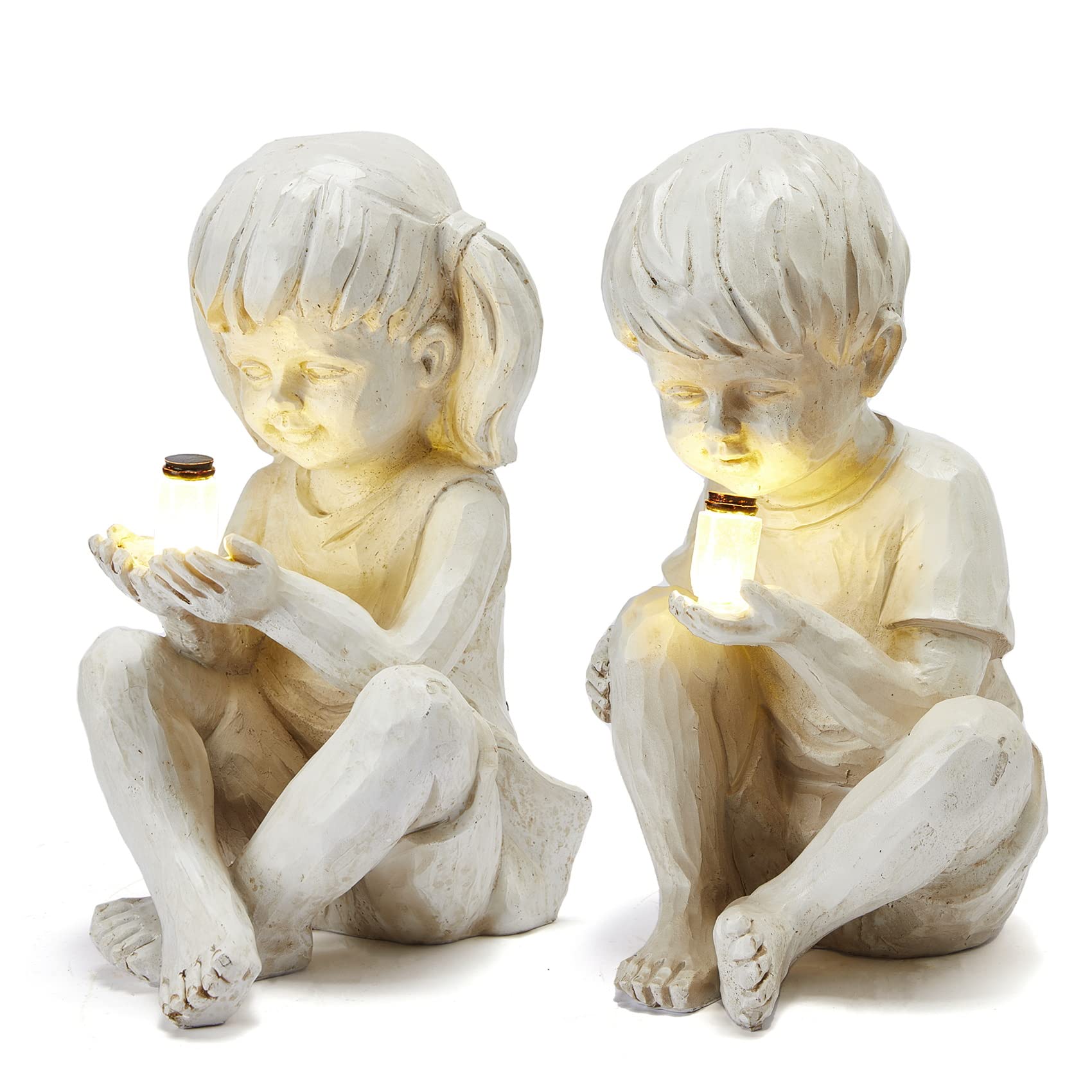 Photo 1 of **PARTIAL SET/ BOY STATUE ONLY** Large Garden Children Statues Light Up Firefly Jar Solar Powered | Set of 2 Figurines | Girl & Boy Garden Yard Art Décor, Indoor & Outdoor Ornament Gifts for Lawn, Patio, 7.5" W x11.8”H Cream