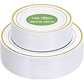 Moretoes 100PCS Gold Plastic Plates Disposable,Party Plates White Gold Rim, 10.25inch Dinner Plate and 7.5inch Dessert Salad Plate for Wedding Party and Birthday