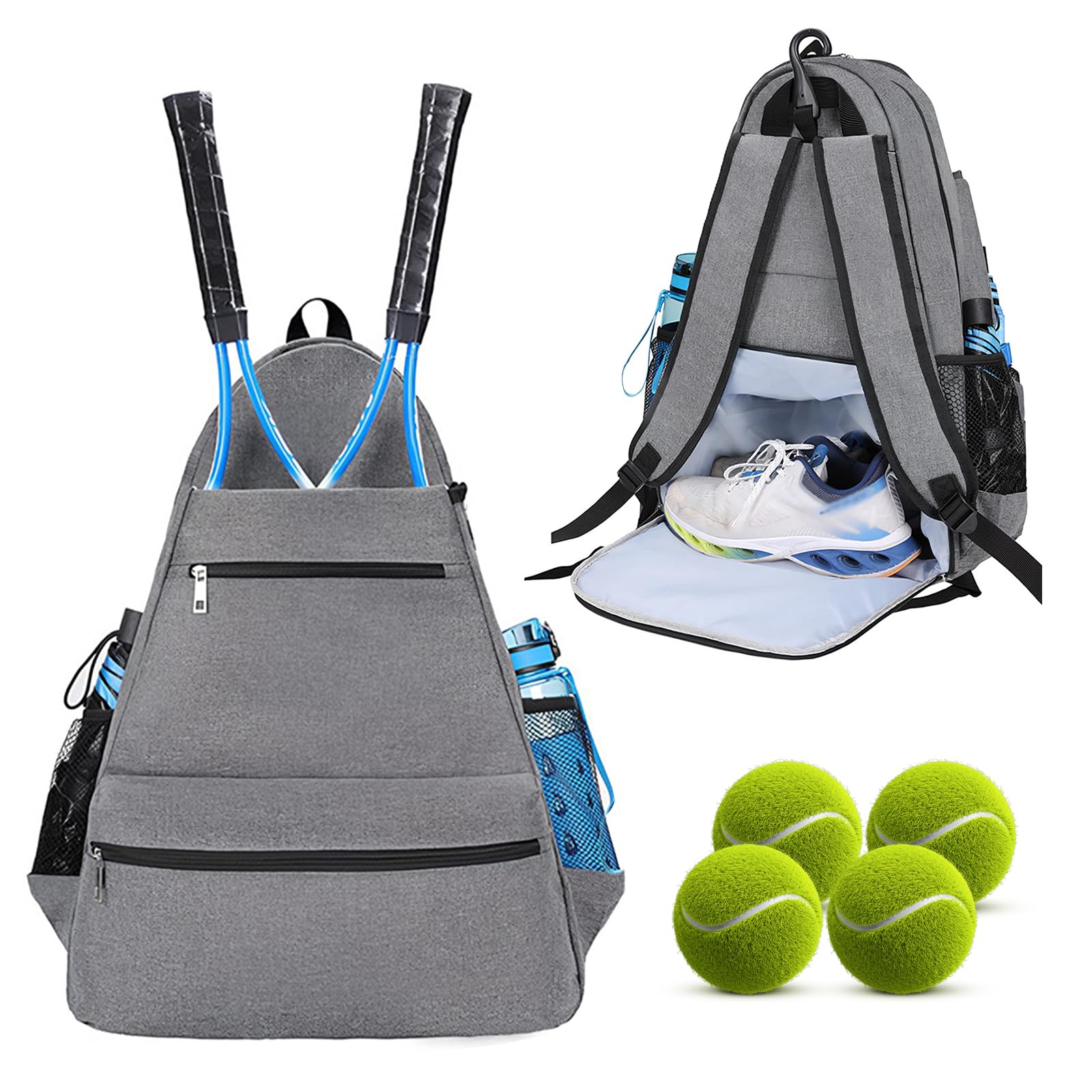 Wisebom Tennis Backpack, Large Capacity Racket Bags Unisex with Shoe Compartment and Multi-Pocket Holds Tennis Rackets Pickleball Rackets Badminton Rackets Squash Rackets Balls and Shoes (Grey)