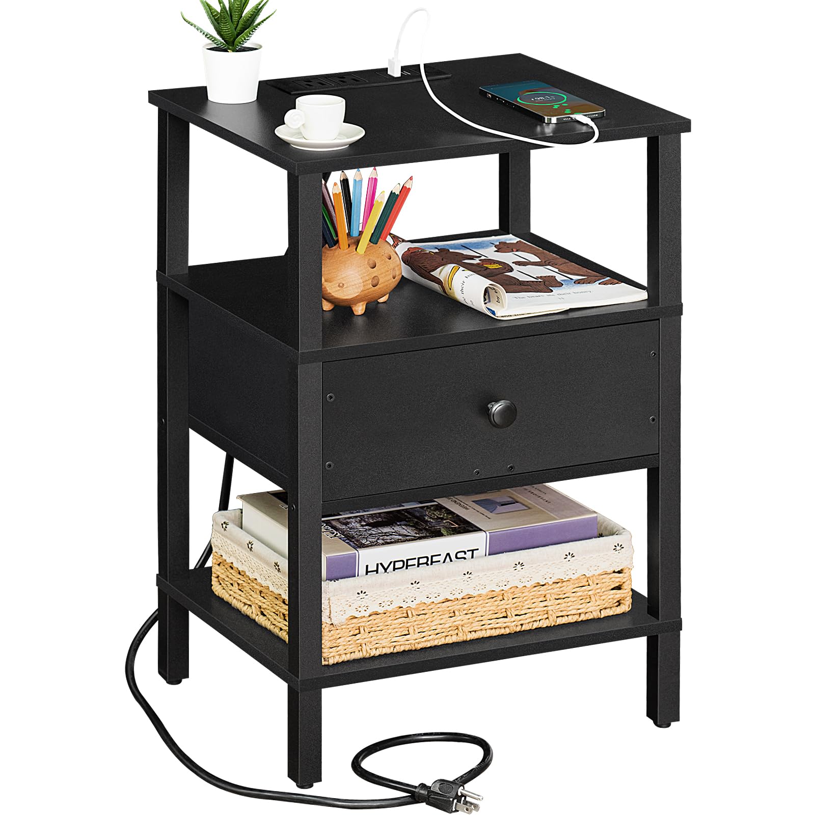 Photo 1 of Lerliuo Nightstand with Charging Station and USB Ports, 3-Tier Storage End Table with Drawer Shelf, Night Stand for Small Spaces, Wood Bed Side Table for Living Room, Bedroom - Classic Black