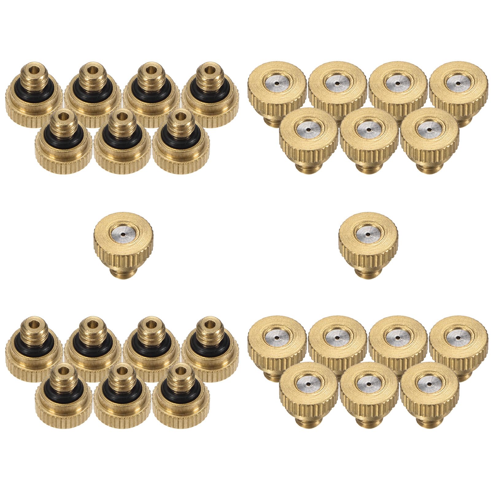 M METERXITY 30-Pack Brass Misting Nozzle, 0.028" 0.7mm Orifice 10/24 UNC O-Ring Replacement Mister Nozzles Plug Mister Heads for Garden Patio Outdoor Cooling System Low-Pressure Atomizing