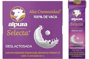 Alpura Selecta Leche Entera Deslactosada 100% de Vaca, Ultrapasteurizada paquete de 12 Pzas de 1 Litro cada una con vitaminas, de fácil digestión