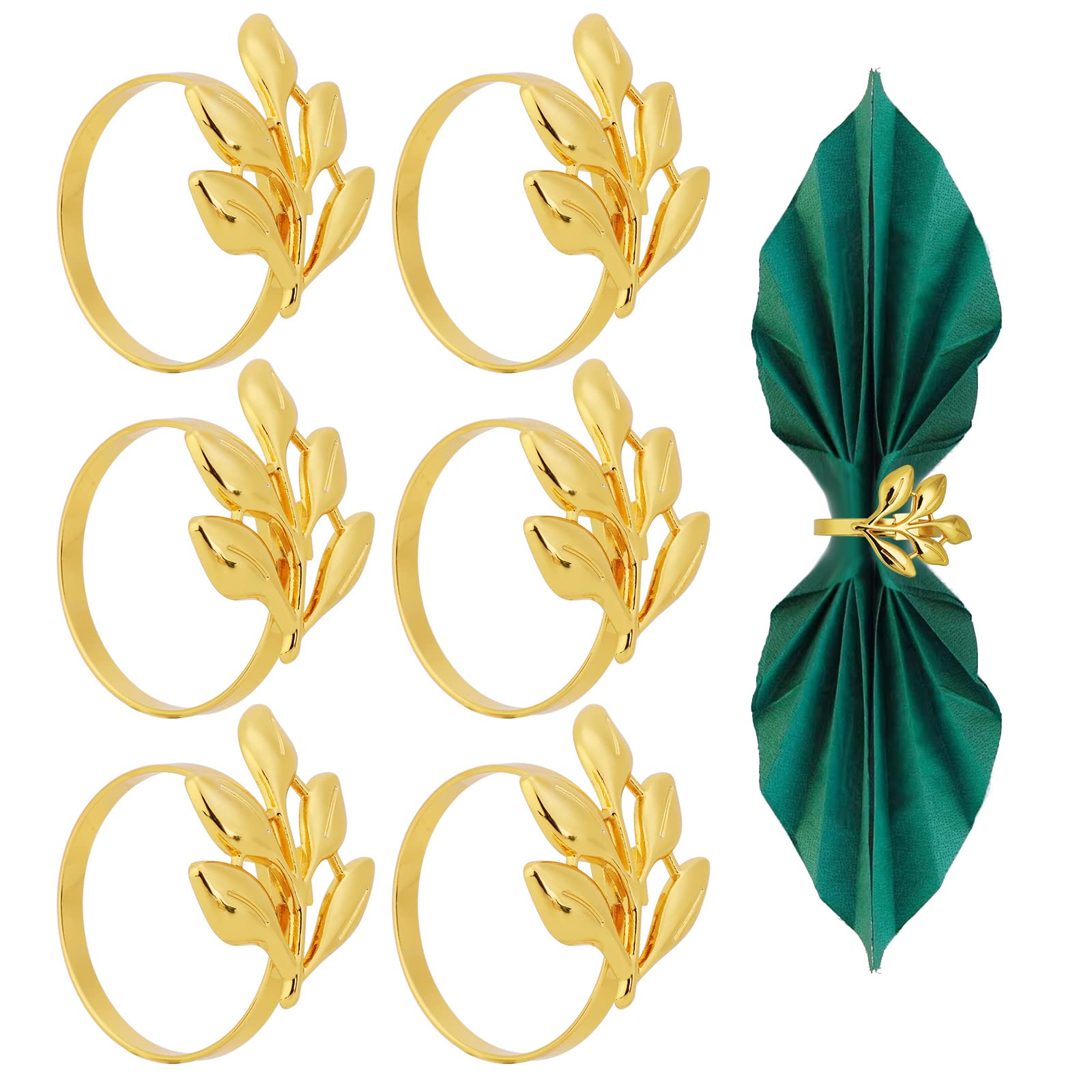6Pcs Napkin Ring Holder, Metallic Leaf Napkin Rings Household Napkin Buckle Napkin Ring Holders for Wedding, Birthday Dinner Party, Family Gatherings, Christmas, Thanksgiving Table Decorations, Gold