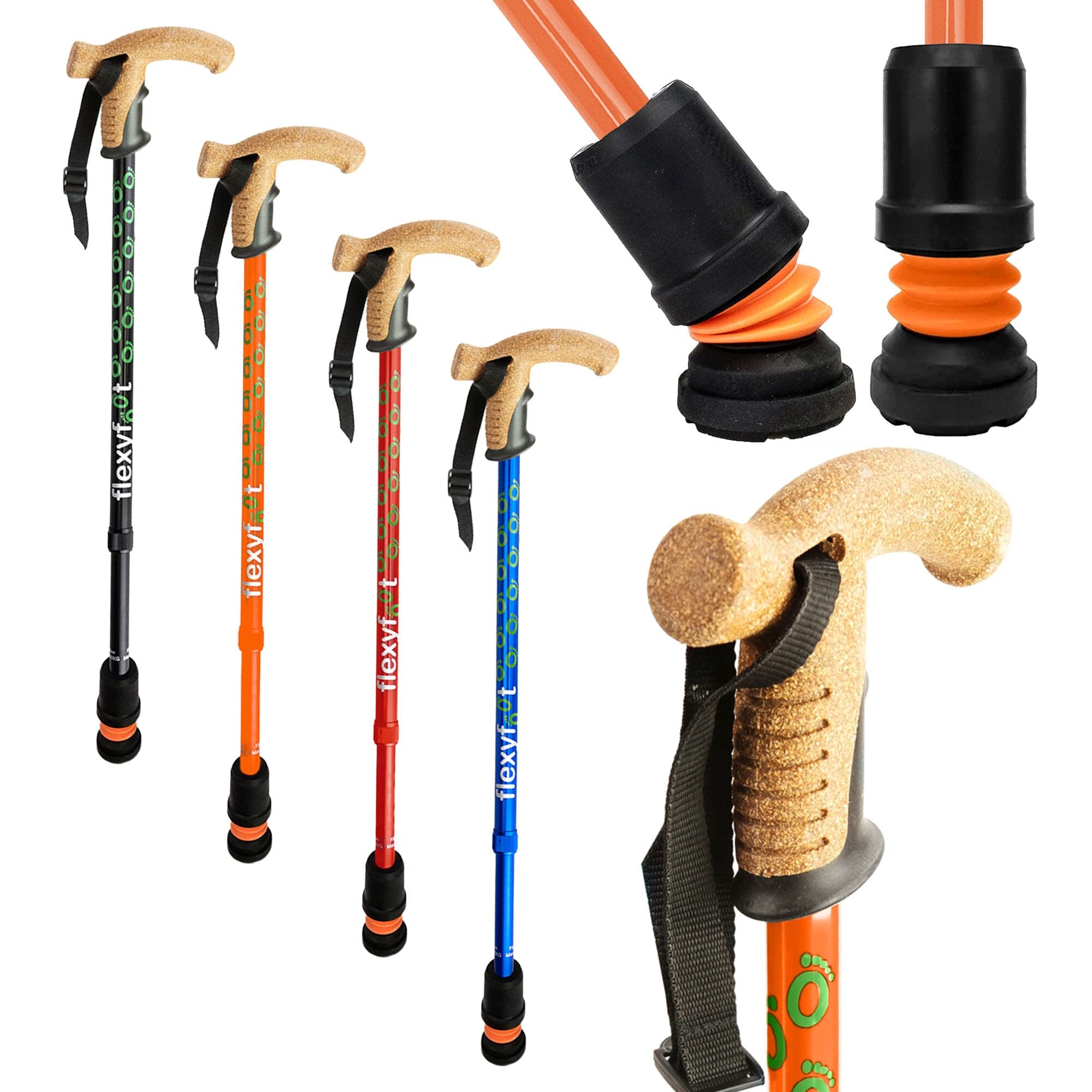 Flexyfoot Shock Absorbing Cork Handle Walking Stick - Improved Comfort, Improved Grip, Improved Safety – Colour: Orange