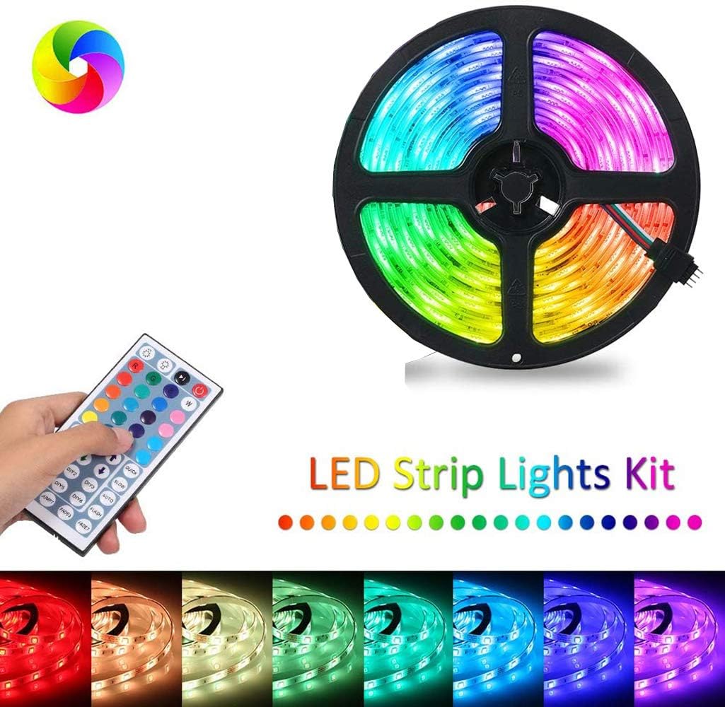 LED Strip Lights, 3528 SMD RGB Color Changing 600LEDs Flexible LED Tape Light Kit with 44 Key IR Remote Controller for Room, Bedroom Kitchen TV Decor Lighting (16.4FT)