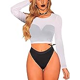 ADOME Mesh Crop Top Sheer Tops for Women See Through Shirt Long Sleeve Basic Crop Top S-4XL