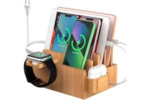Pezin & Hulin Bamboo Charging Stations for Multiple Devices, Desk Organizer for Cell Phone, Tablet, Watch (Includ Watch Stand