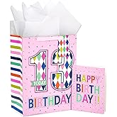 Loveinside Birthday Pink Gift Bag with Tissue Paper, Gift Tag and Greeting Card for Girls, Party and More, 10" x 5" x 13", 1 Pcs, 13 Years Old