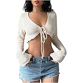 OYOANGLE Women's Tie Front Crop Crochet Cardigans Long Sleeve V Neck Knit Shrugs