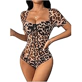 SweatyRocks Women's Leopard Print Mesh Corset Bodysuit Sheer Short Sleeve Going Out Leotard Tops