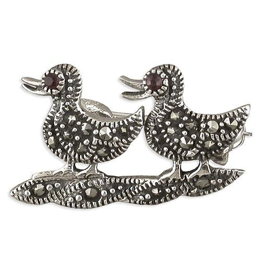 DUCK BIRD Silver Brooch (Small) with Marcasite & Ruby Cubic Zirconia (CZ) Stones for Women/Teenage/Girls - 925 Sterling Silver - Size: 40mm W X 11mm H - Weight: 2.40 Grams. 2430