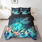Feelyou Dragonfly Bed in a Bag Dragonfly Floral Comforter Set King Size 7 Pieces Boys Girls Spring Blossom Flower Butterfly Bedding Set Bed Set with Comforter, Sheet Set, Pillowcases, Pillow Covers