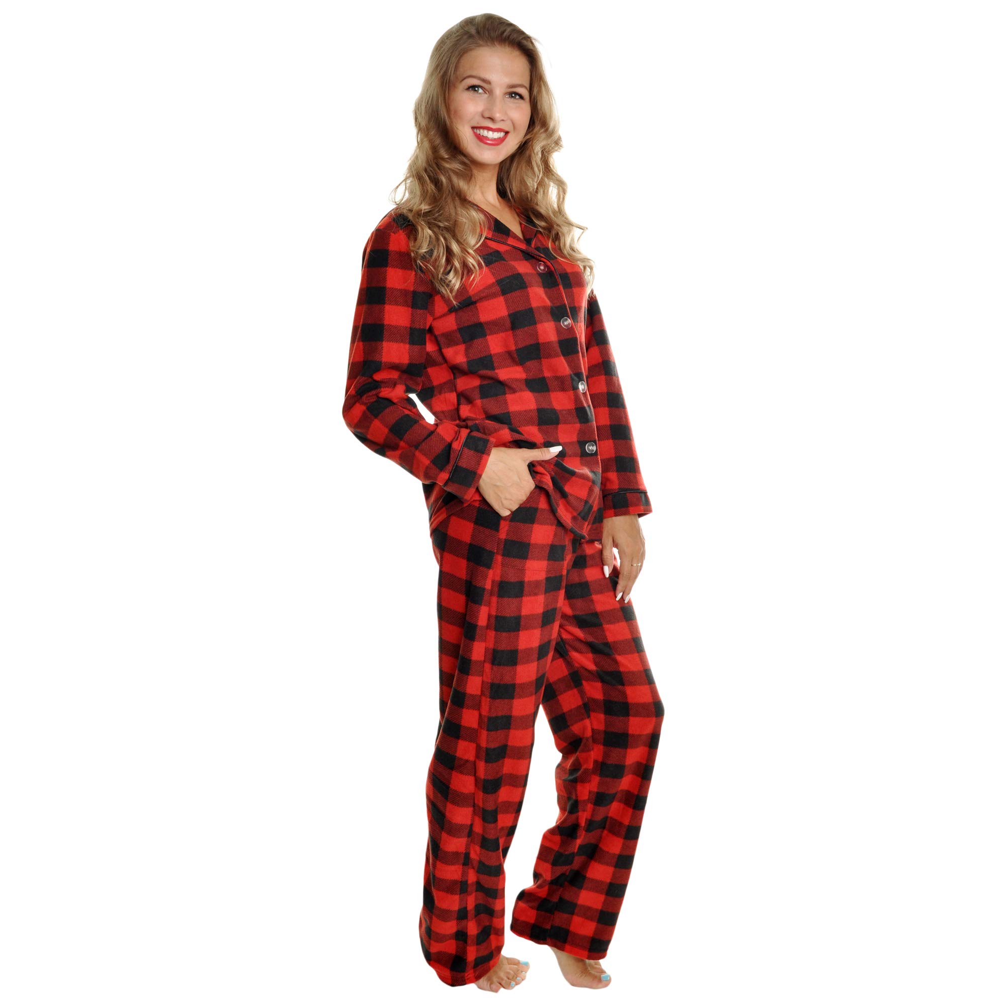 Angelina Women's Pajama Set Cozy Fleece with Notch Collar and Pockets | PJ56_S | Black & Red Plaid Image