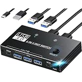 USB 3.0 Switch Selector, USB Switcher 2 Computers Sharing 3X Type A/USB C | USB C Switcher with 3 Cable, Hub PC Mouse Keyboard Hard Drives Printer One Button Switch Adapter with Windows Mac Linux