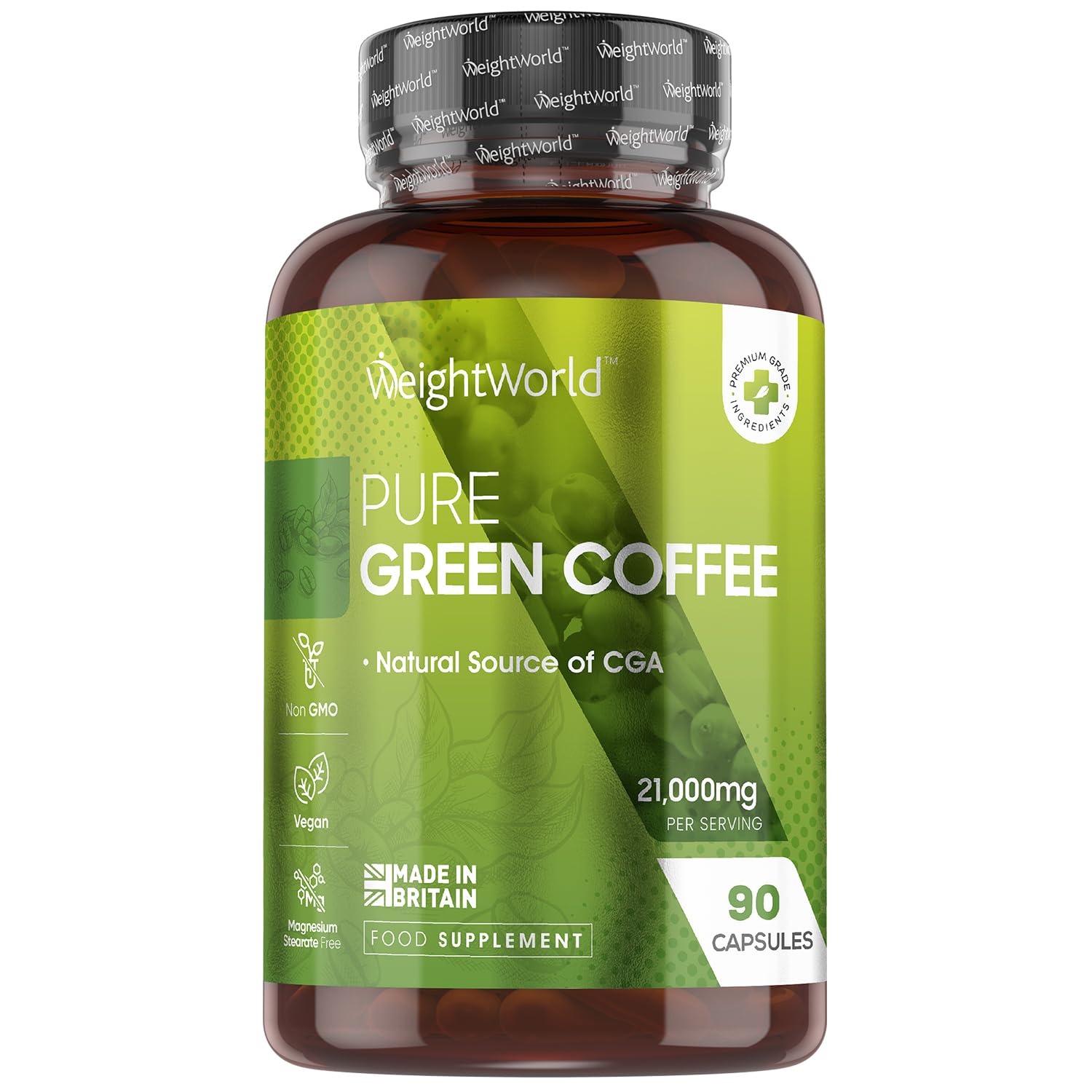 Pure Green Coffee Capsules | 21,000mg per Serving | 90 Unroasted Green Coffee Capsules | Vegan | Natural Source of Chlorogenic Acid | Made in Britain