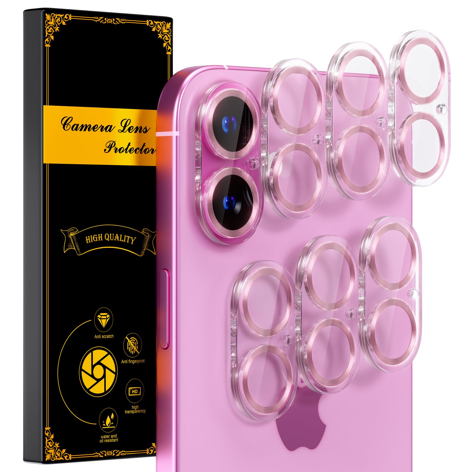 beuxece for 6 Pack iPhone 17 / iPhone 16 / iPhone 16 Plus Camera Lens Protector [Drop Protection] [Easy Installation] 9H Tempered Glass Camera Screen Protector Cover Accessories, CD Pink