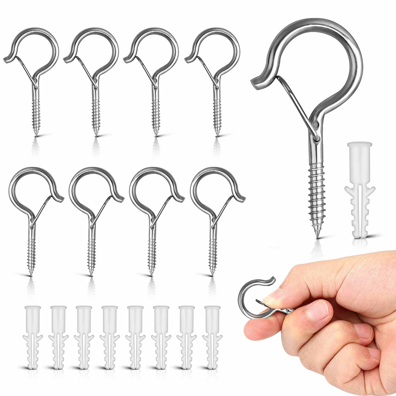 Screw-in Hooks, Screw Hooks for Outdoor String Lights Plants, Birdcage, Feeders, Christmas Decor, Mounted on Ceiling or Wall (Silver-8pcs)