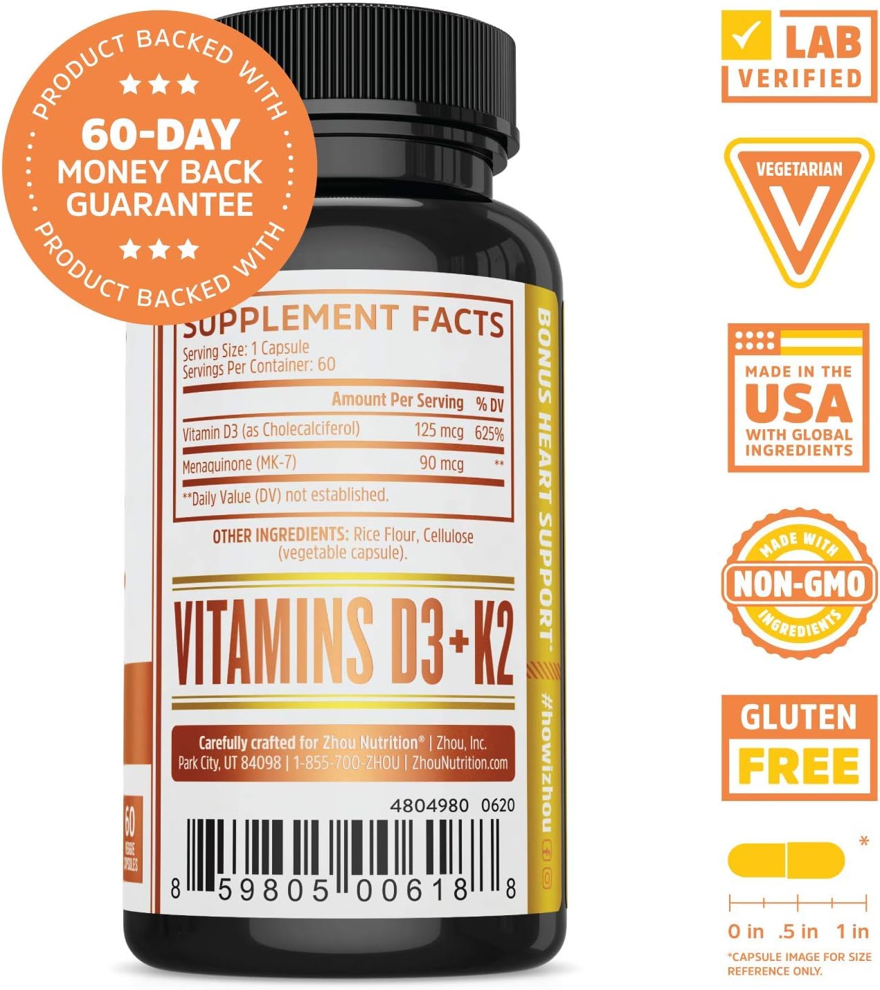 Vitamin K2 (MK7) with D3 Supplement - Vitamin D & K Complex - Bone and Heart Health Formula - 5000 IU Vitamin D3 & 90 mcg Vitamin K2 MK-7 - 60 Small & Easy to Swallow Vegetable Capsules: Health & Personal Care