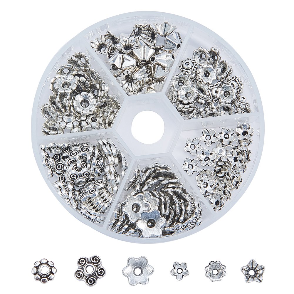 PH PandaHall 1 Box Assorted 6 Different Shape Tibetan Style Alloy Flower Bead Caps, Antique Silver Bead Caps for Jewellery Making DIY Craft Making