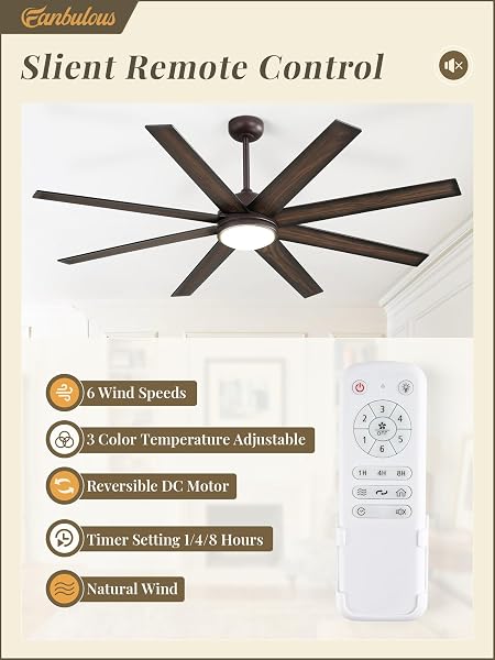 FANBULOUS 65 INCH CEILING FANS WITH LIGHTS AND REMOTE, BRONZE INDOOR/OUTDOOR CEILING FAN WITH QUIET REVERSIBLE DC MOTOR, 6 SPEEDS, 3CCT, 8 BLADES LARGE CEILING FAN FOR LIVING ROOM BEDROOM PATIO