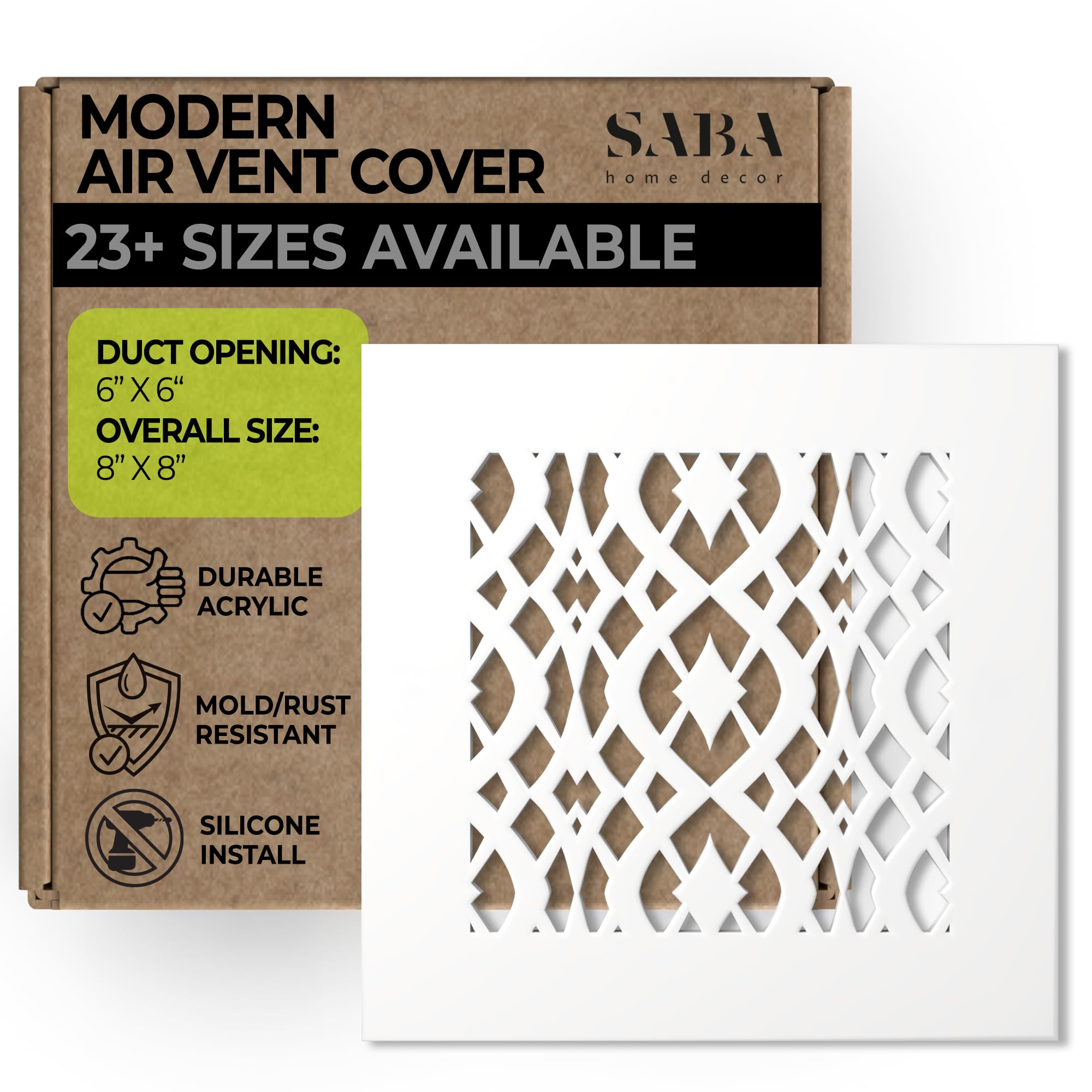 SABA Home Decor Air Vent Cover Grille - Acrylic Fiberglass 6 x 6 Duct Opening (8 x 8 Overall) White Finish Decorative Register Covers for Walls and Ceilings, Charlotte (6 x 6, White)
