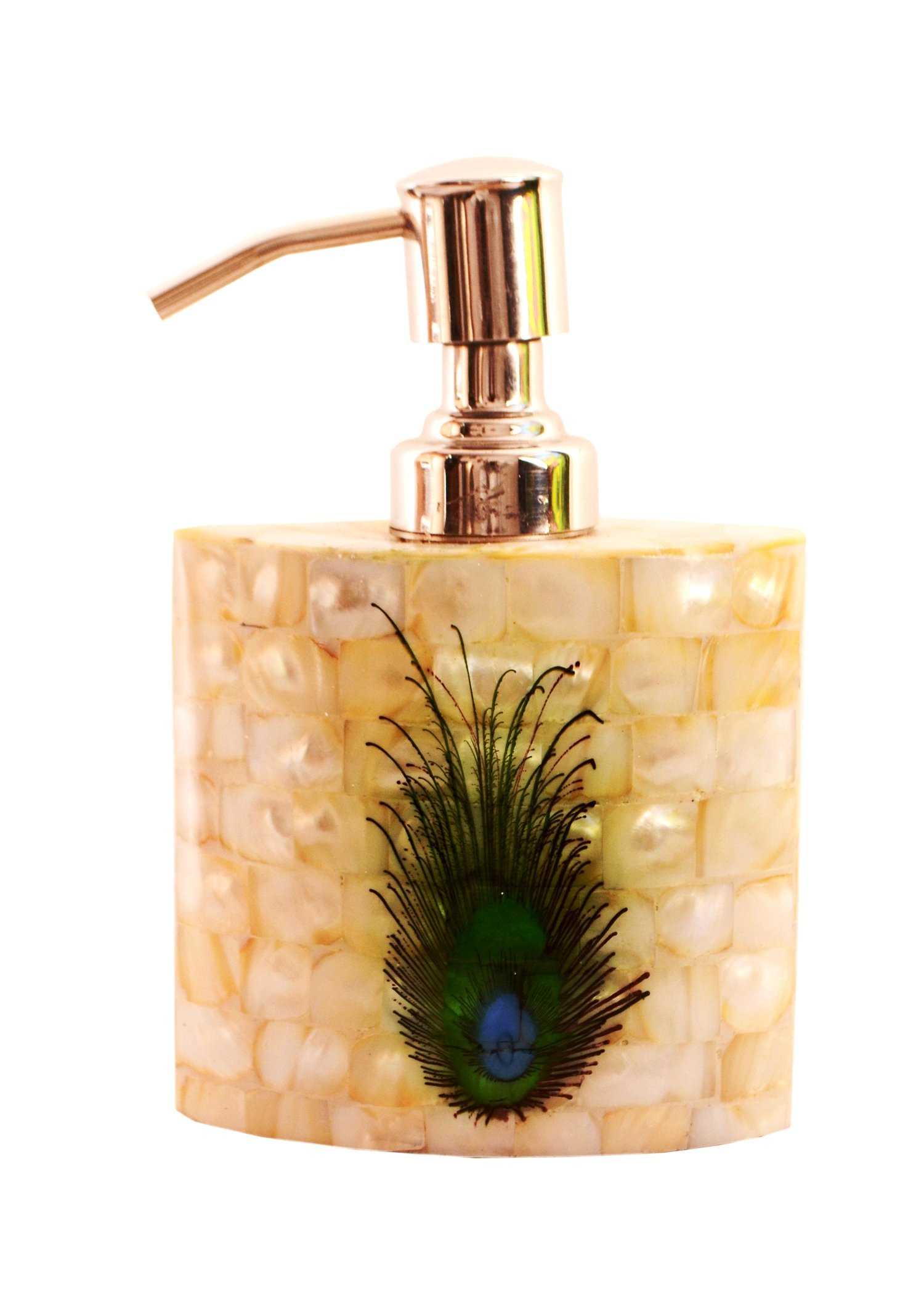 Purpledip Mother Of Pearl Liquid Soap Dispenser (Oval) In Unique Peacock Design; Premium Bathroom Kitchen Accessory (11302)