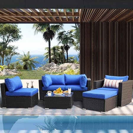Amazon Com Patio Furniture 6 Piece Black Pe Rattan Sofa Conversation Set Royal Blue Cushion Kitchen Dining