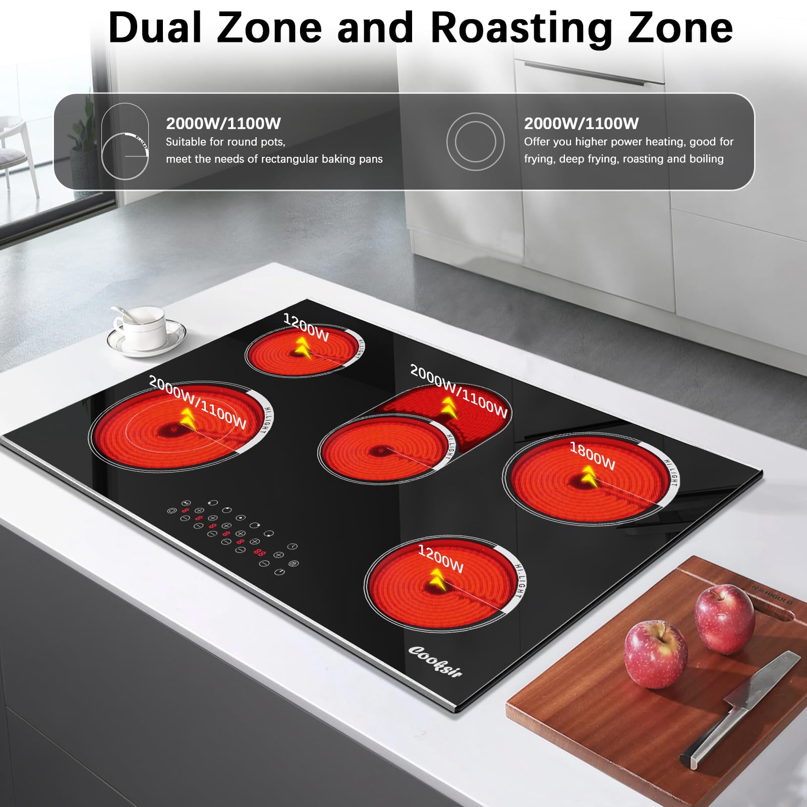 Electric Cooktop 30 Inch - 5 Burner Electric Stove Built-in 8400W High Power, 30 In Ceramic Stove Touch Control with Timer, Safety Lock, Glass Metal Prame, 220-240V Hard Wired (No Plug)