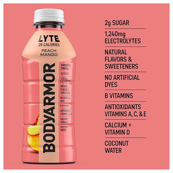 BODYARMOR LYTE, PEACH MANGO, ELECTROLYTE DRINK, 25 CALORIES, 20 FL OZ BOTTLES (6 PACK), COCONUT WATER SPORTS DRINK, NATURAL FLAVOR & B VITAMINS