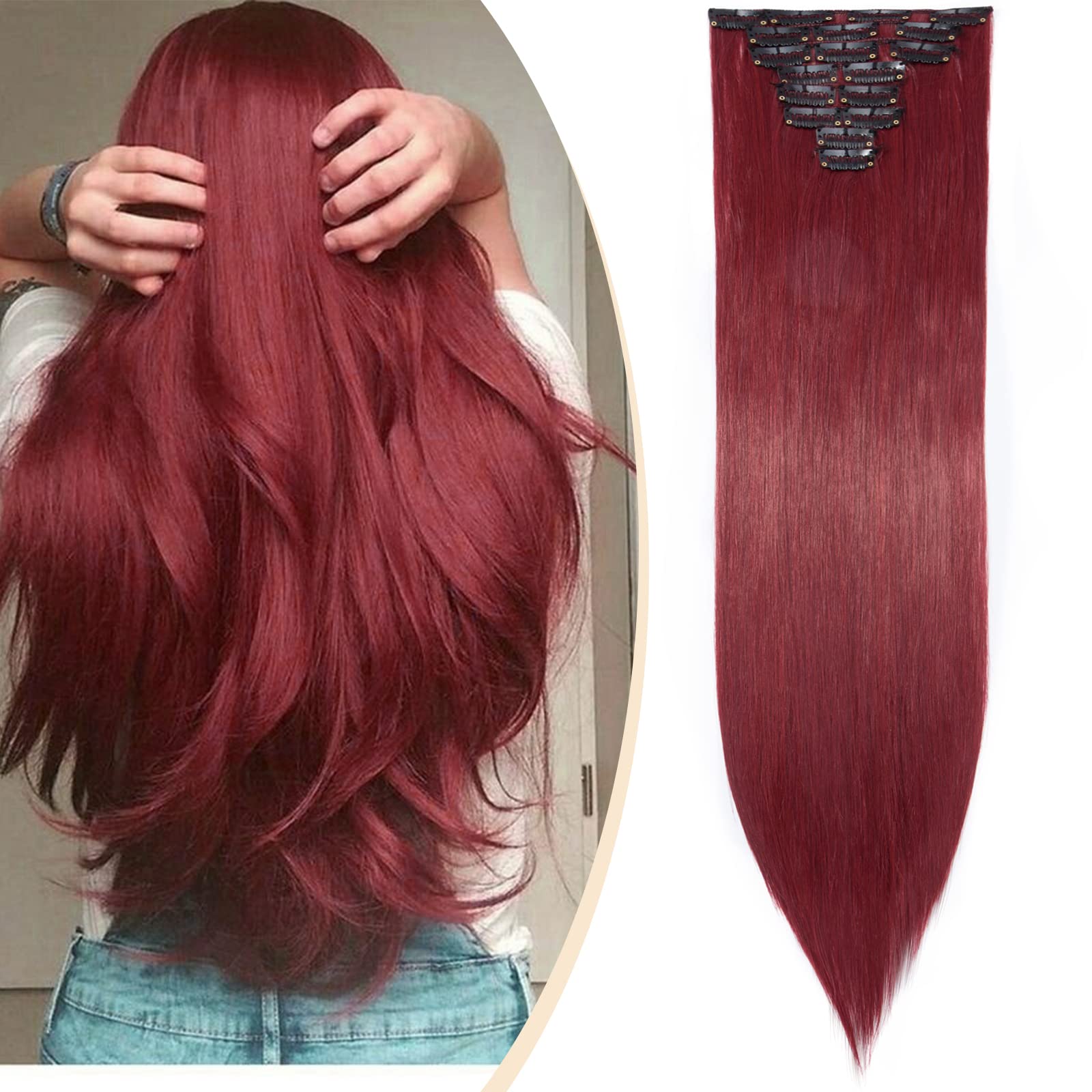 S-noilite® 17-26 Inches(43-66cm) 8pcs Long Full Head Clip In Hair Extensions Extension Sexy Lady Fashion Halloween Choice 60 Colours (26 Inches-Straight, Maroon mix dark red)