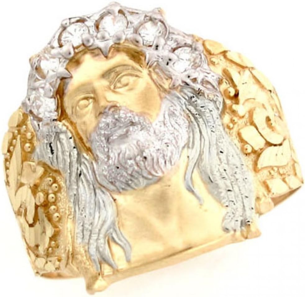 Jewelry Liquidation 10k Two Tone Gold White CZ Jesus Religious Mens Ring