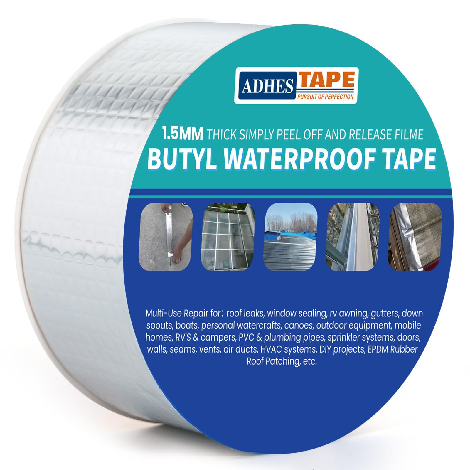 ADHES Butyl Tape Waterproof Tape Aluminum Foil Tape with Strong Rubber 50mm x 5m 1 roll 1.5mm Thickness for Roof Leak, Surface Crack, Window Sill Gap, Pipe Rupture