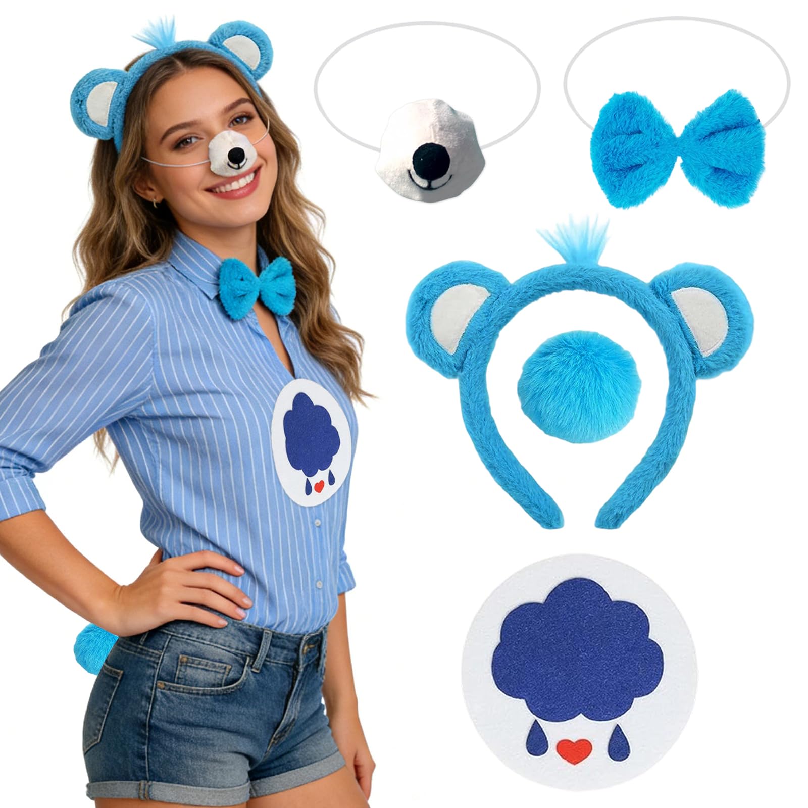 ZXTGBQ 5 Pcs Blue Bear Costume Accessories Furry Bear Ears Headband Nose Bow Tie Tail and Sticker Set Cute Animal Costume Accessory Kids Adult for Halloween Carnival Easter Cosplay World Book Day