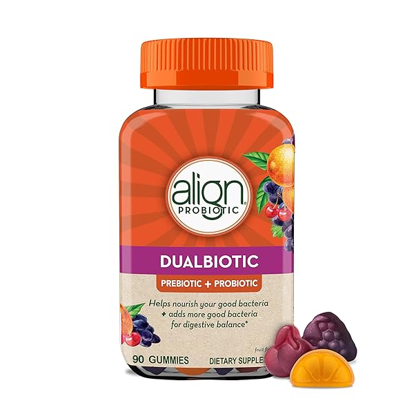 ALIGN DUALBIOTIC, PREBIOTICS AND PROBIOTICS FOR WOMEN AND MEN, PROBIOTICS FOR DIGESTIVE HEALTH, PREBIOTICS HELP NOURISH GOOD BACTERIA, NATURAL FRUIT FLAVORS, 90 PROBIOTIC GUMMIES