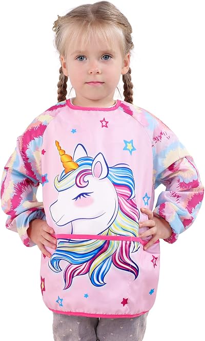 WERNNSAI Unicorn Art Smock Kids Apron Long Sleeve 3 Pockets Waterproof