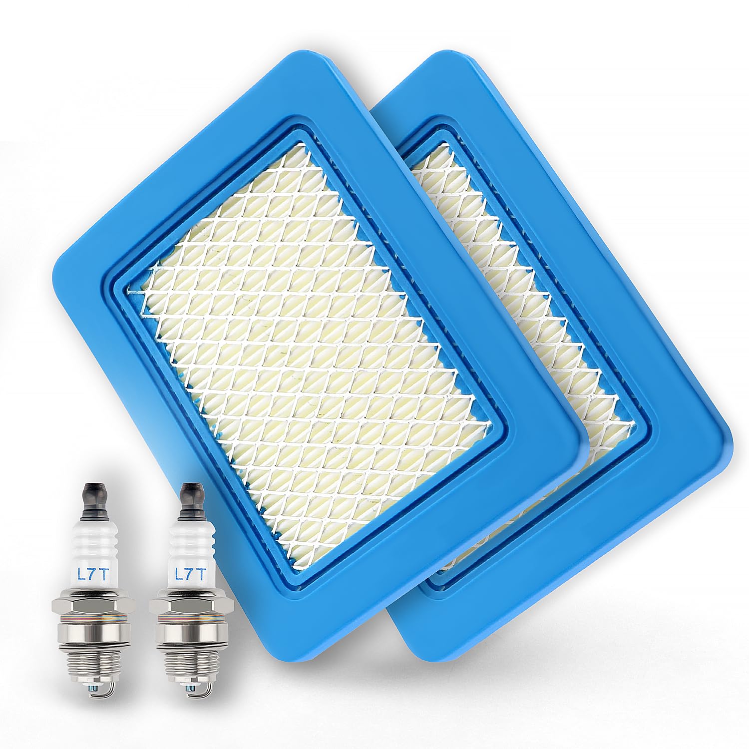 VooGenzek 2 PCS Lawn Mower Air Filter and 2 PCS Spark Plug L7T, Lawnmower Spark Plug, 491588S Air Filter Cartridge, Compatible with Briggs and Stratton 491588 491588S 4915885 399959 PT15853