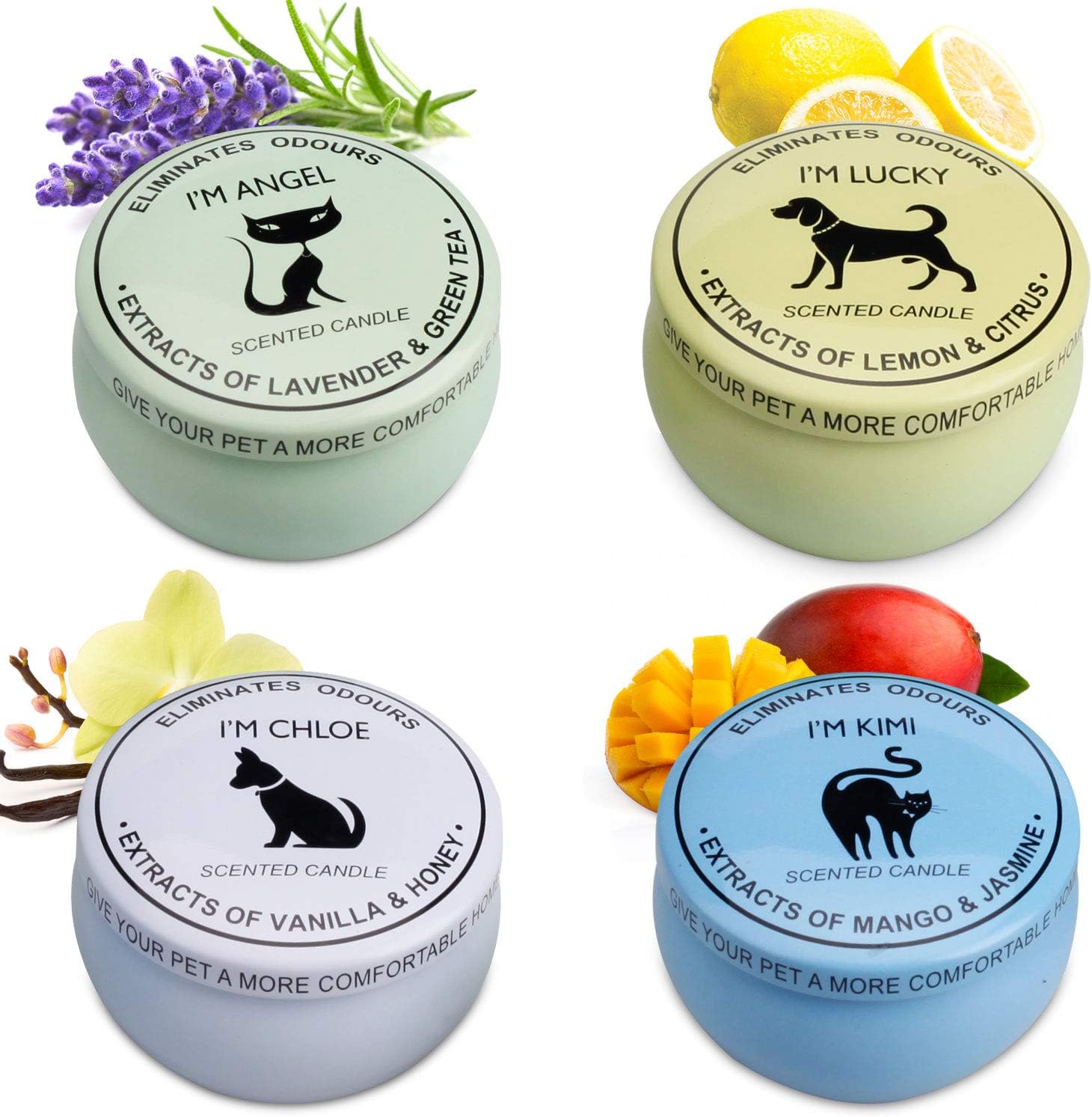 La Roskey 4-Pack Scented Candles Gift Set,100% Soy Candle for Pets,Tin Jar Candles Home Pet Candle,Pet Odor Eliminator&Animal Lover Gift(Lavender&Green Tea, Vanilla&Honey, Lemon&Citrus, Mango&Jasmine)