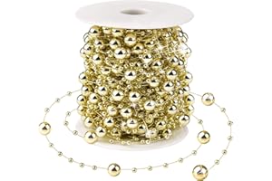 AISCOOL Christmas Tree Beads Garland Decorations - 66Ft Strands Chain Pearls Beads String for DIY Christmas Tree Wreath, Xmas Decor Beaded Garlands for Stairs Fireplace Wedding Holiday Party Gift (Gold)