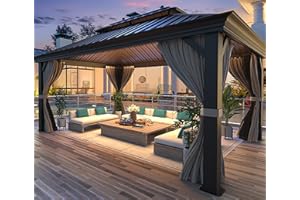 MELLCOM 12' x 16' Hardtop Gazebo, Galvanized Steel Metal Double Roof Aluminum Gazebo with Curtains and Netting, Brown Permanent Pavilion Gazebo with Frame for Patios, Gardens, Lawns