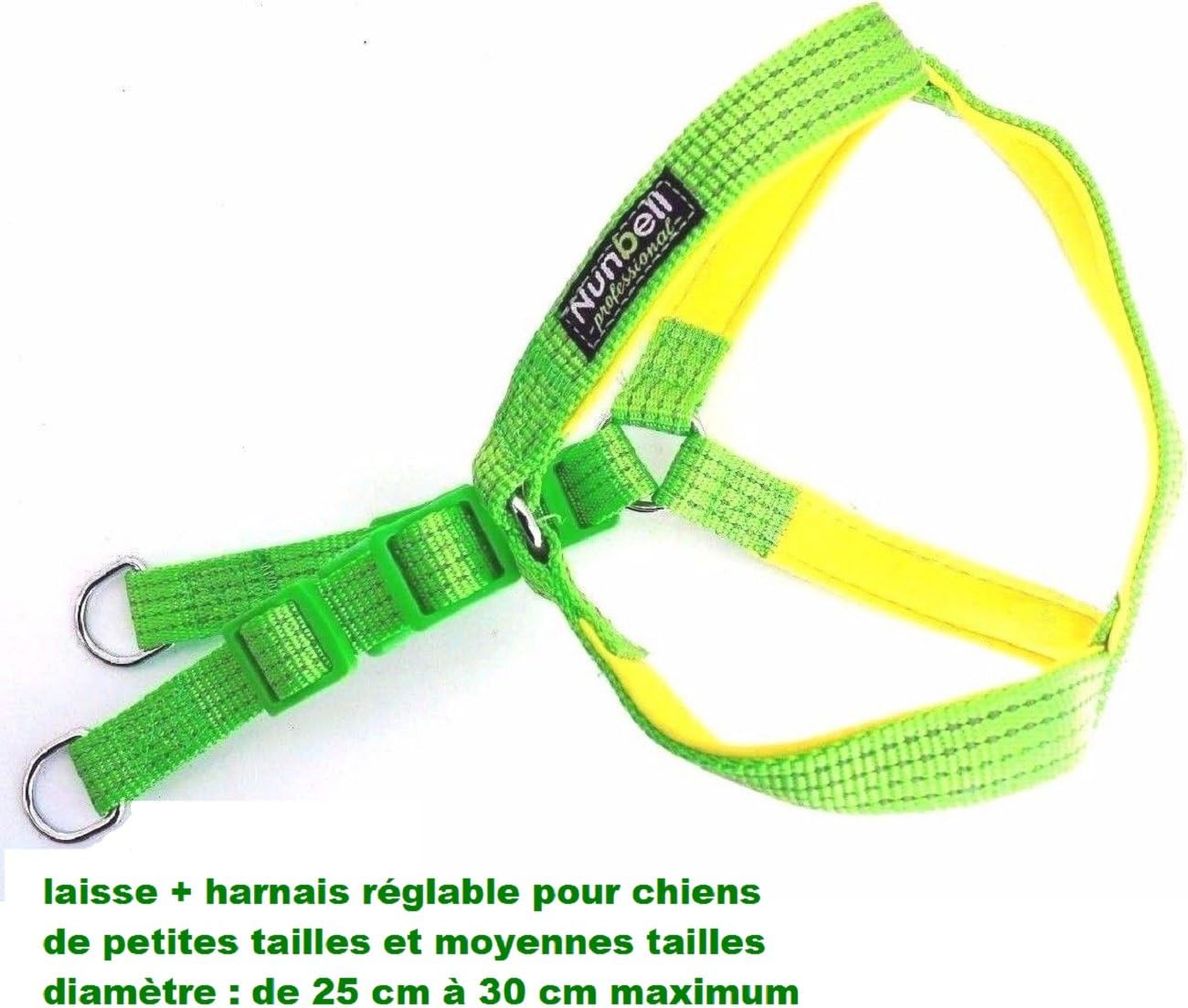 Lead and Harness Set for Small and Medium Size Dogs, 25 cm. Diameter: At least up to 30 cm adjustable, Classic Lead and Harness, and Soft Lining Yellow Neon Green