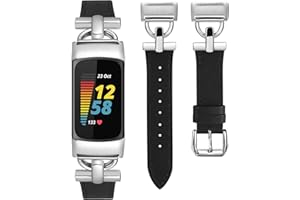 Wearlizer Leather Band Compatible with Fitbit Charge 6 Bands/Charge 5 Bands for Women, Dressy Slim Leather Strap Replacement Wristband with D-Shape Metal Buckle for Fitbit Charge 5/Charge 6 Band