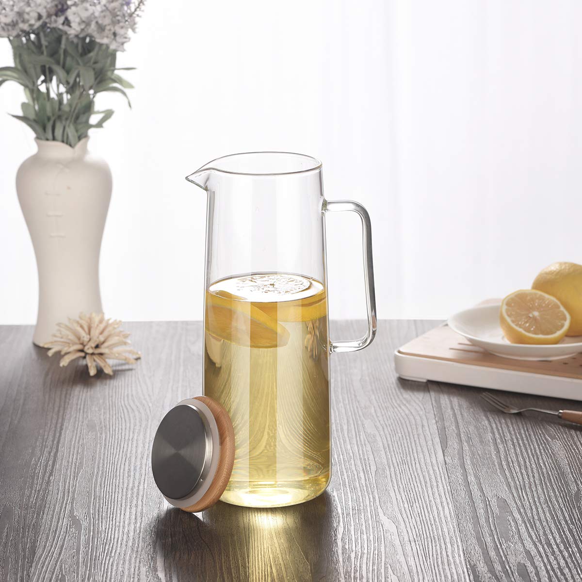 Cupwind Borosilicate Glass Hot/Cold Water Carafe Pitcher Wooden Infuser