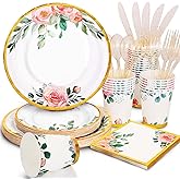 Gudvilla 168PCS Floral Plates and Napkins Party Supplies,Vintage Floral Paper Plates Set With Gold Rim Serve 24 Guests,Floral Disposable Plates Tea Party supplies for Adults Bridal Shower Decorations