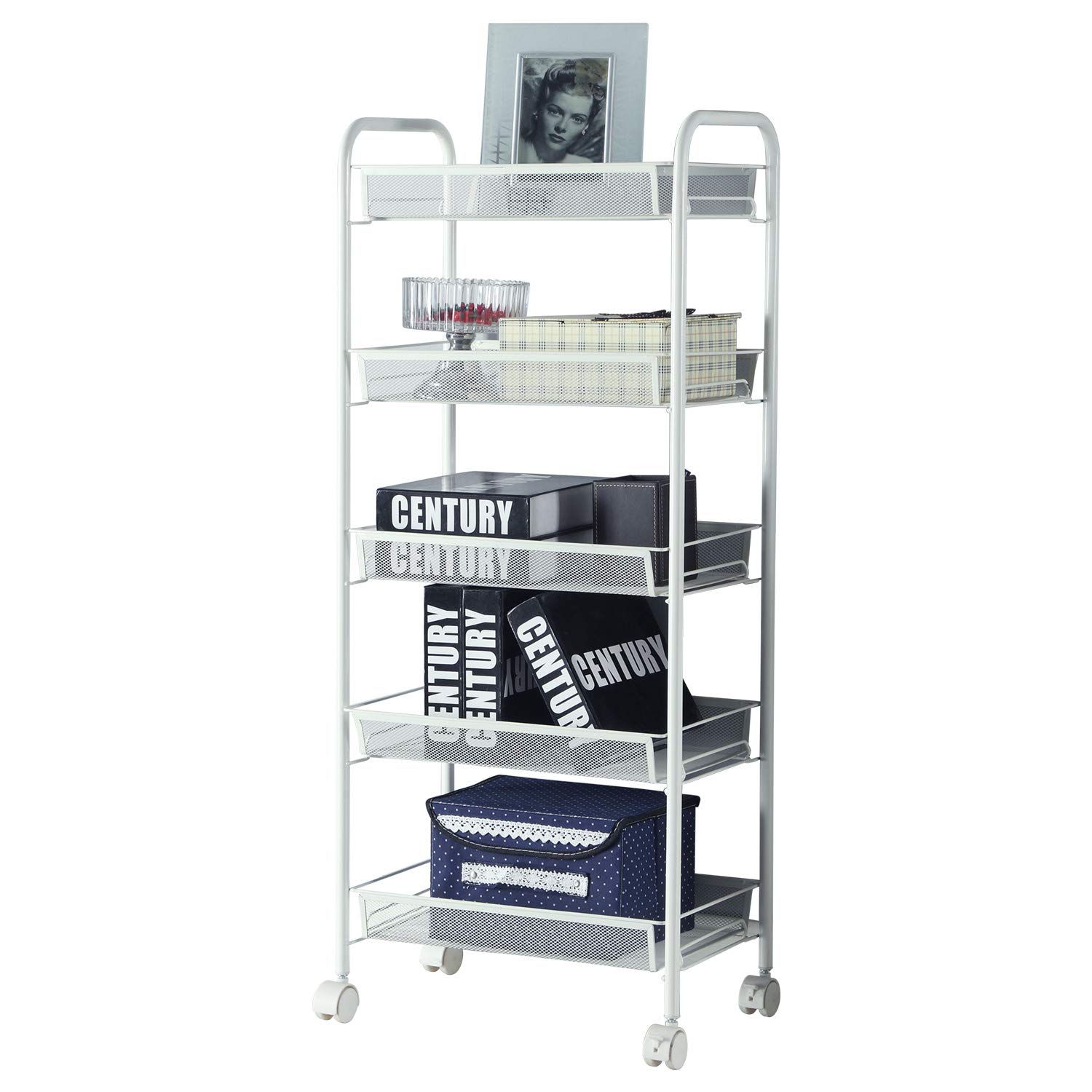 SINGAYE 5–Tier Wire Mesh Utility Storage Cart Metal Rolling Rack Metal Basket Shelving Kitchen Bathroom Organization Trolley