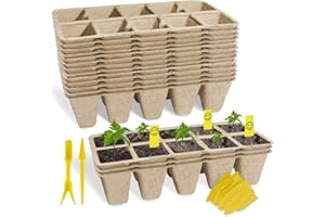 SORANGEUN Biodegradable Seed Starter Trays Kit – 10 Pack with 100 Plant Labels & Transplant Tool, 1.8" Square Peat Pots for S