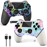 AceGamer 2 Pack for PS4 Controller, Wireless Controller for PS4/Pro/Slim/PC, Hall Effect Joysticks, RGB Light, Programmable Buttons/Turbo/Vibration/Motion/3.5mm Audio Jack! (White and Black Crack)