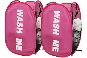 Aplter 2 Pack Mesh Pop Up Laundry Hamper Collapsible Laundry Basket with Side Pocket for Kid's Room, College Dorm, Bedroom, Travel, Pink