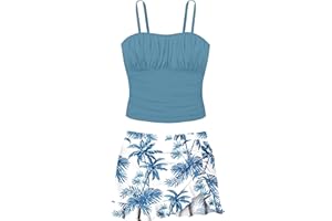 ADIRUN Girls Tankini Swimsuits Two Piece Tropical Print Pleated Bathing Suit with Ruffle Drawstring Skirt Swimwear 9-16T