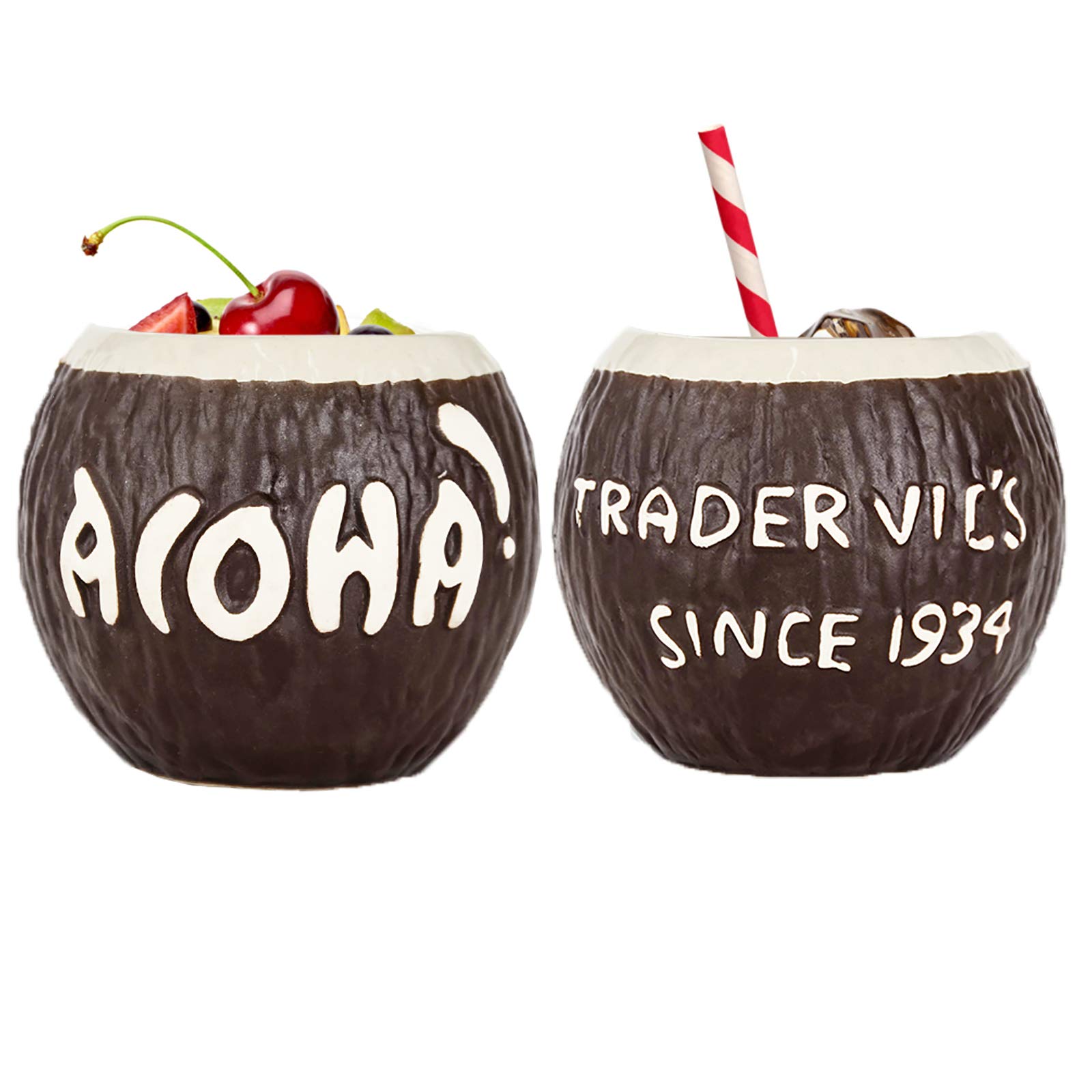 Wued Tiki Mugs Cocktail Set of 2, Coconut Shape Tiki Glasses Hawaiian Party Mugs Tiki Bar Barware,Ceramic, 13.5 OZ TM201